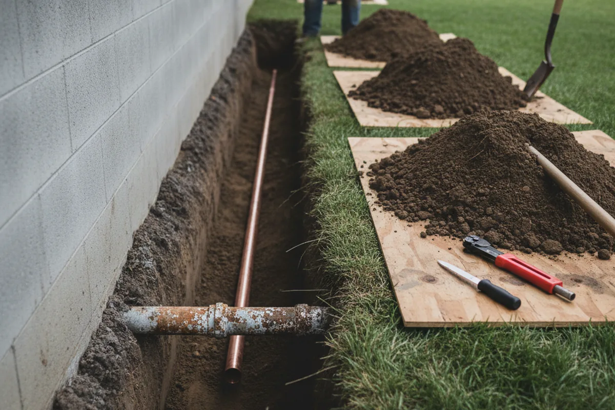 Excavated water line trench during Water Softener Installation in Arimo